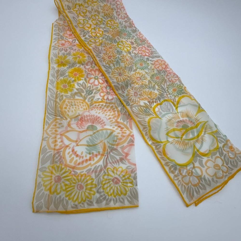 Vintage 60s Glentex Sheer Floral Scarf Hand Rolled Yellow Peach Sage Oblong Wrap - Picture 1 of 8